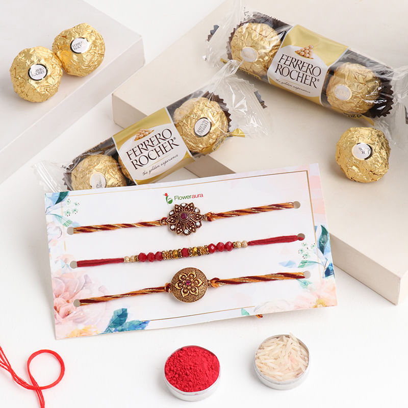 Set of 3 Metal Rakhi and Ferrero Rocher Combo
