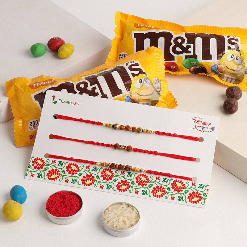 Como of 3 Rudraksha Rakhi and 2 M&M's Chocolate