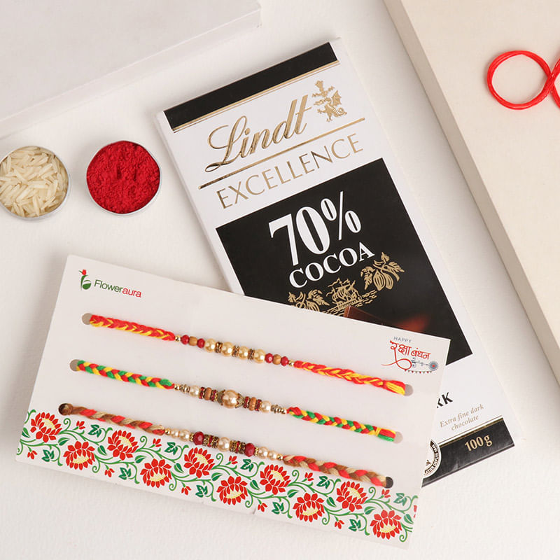 Set of 3 Pearl Rakhi with Lindt Dark Chocolate