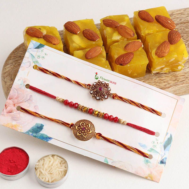 Set of 3 Designer Rakhi with Karachi Halwa