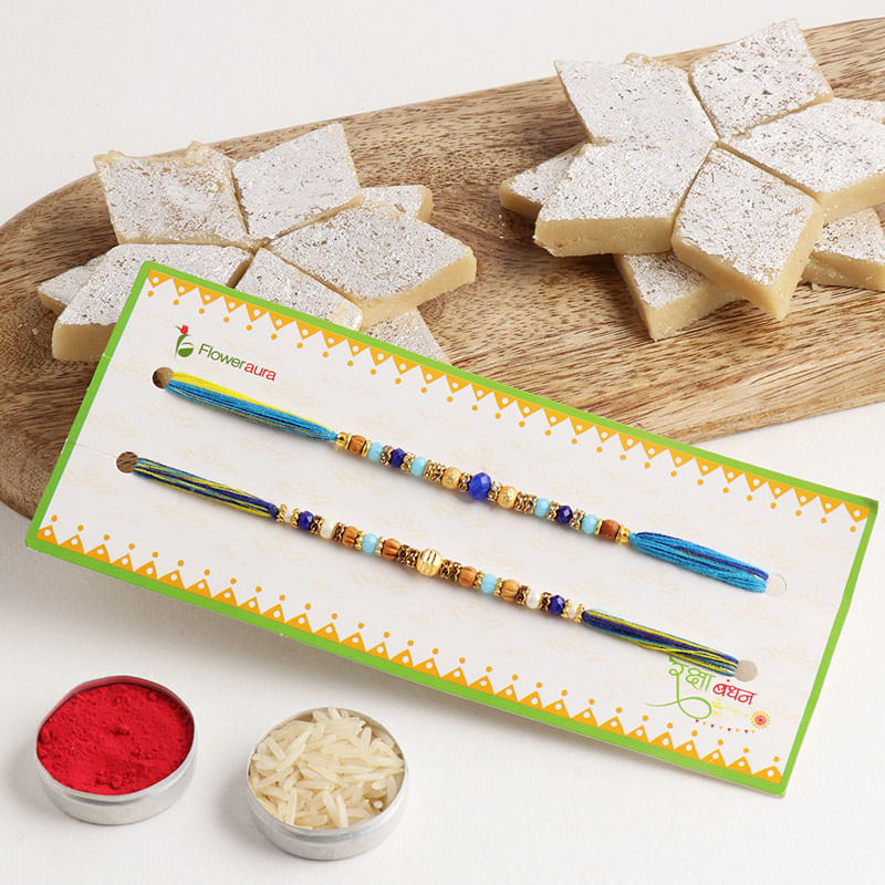 Kaju Katli With Two Beaded Rakhis-USA