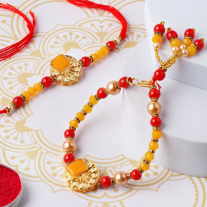 Traditional Golden Beaded Couple Rakhi for Bhaiya Bhabhi