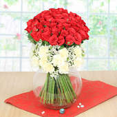 50 Red Roses and 15 White Carnations in Glass Vase