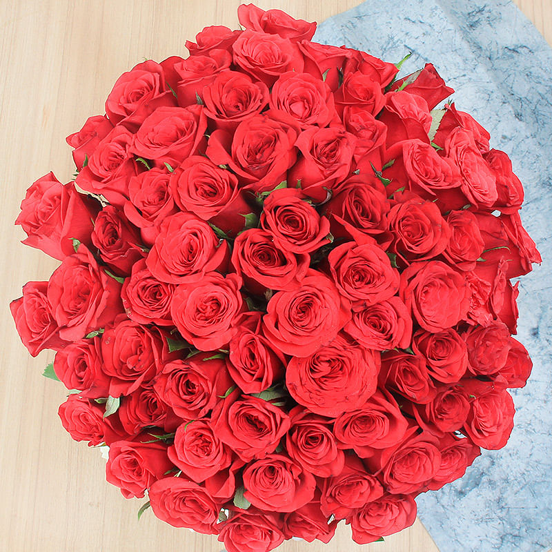 50 Red Roses and 15 White Carnations in Glass Vase with Top View