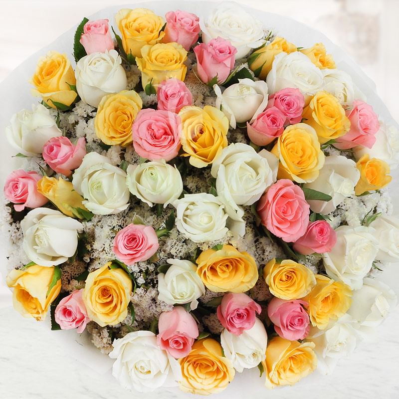 Top view of 50 mixed roses in Dreamy Emotions
