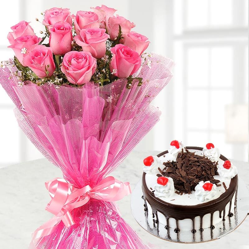 12 Pink Roses and Half Kg Black Forest Cake