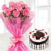 12 Pink Roses and Half Kg Black Forest Cake