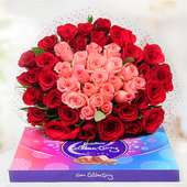 50 red & 30 pink rose bouquet with cadbury celebrations
