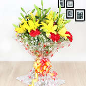 Mix Flower arrangement - 10 Red Carnations and 5 Yellow Lilies