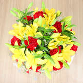 10 Red Carnations and 5 Yellow Lilies with Top View