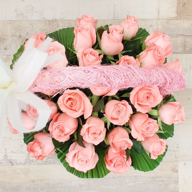 20 Baby Pink Roses in Round Handle Basket with Top View