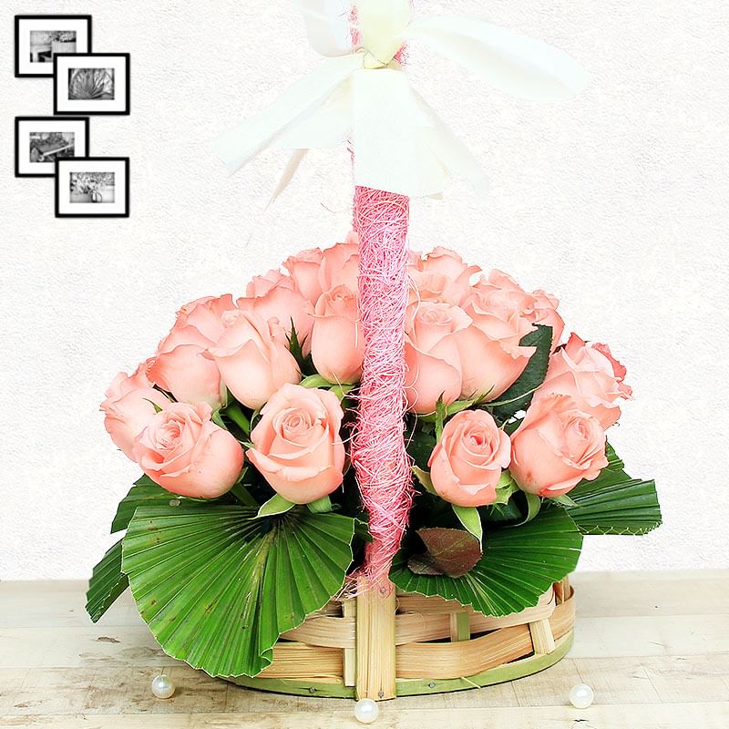 20 Baby Pink Roses in Round Handle Basket with Side View