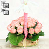 20 Baby Pink Roses in Round Handle Basket with Side View
