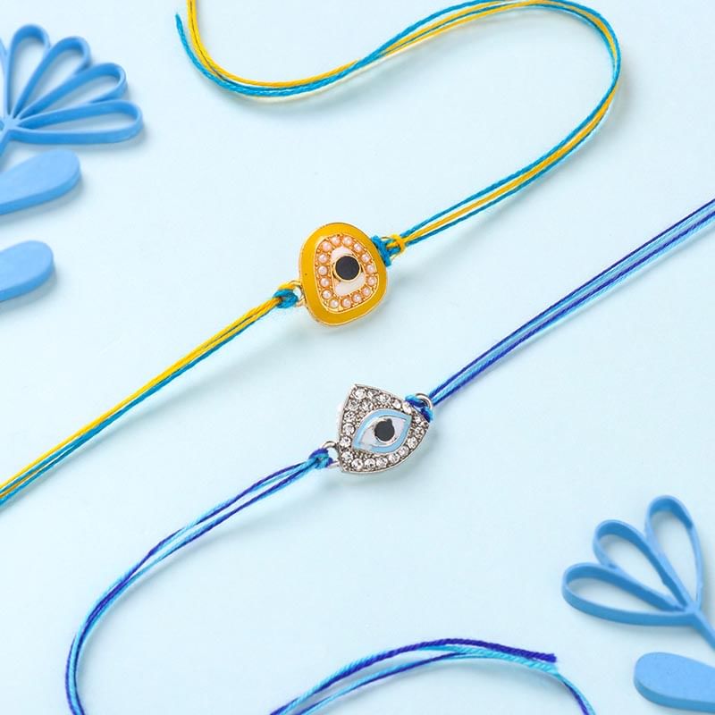 Set of 2 Blue and Orange Evil Eye Rakhi