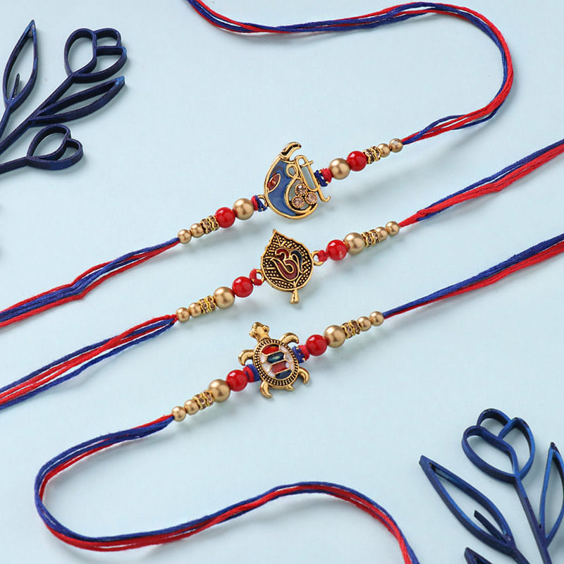 Set of 3 Good Omen Rakhis (OM rakhi, tortoise rakhi, and fish rakhi) to USA