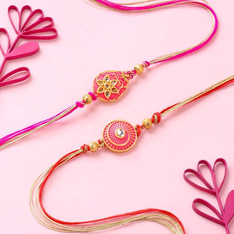 Pretty Pink Meenakari Rakhi Set for Bhaiya Bhabhi