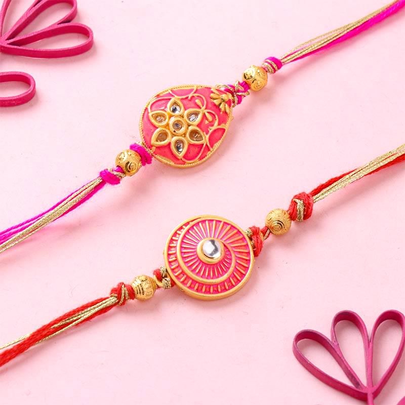 Pretty Pink Meenakari Rakhi Set for Bhaiya Bhabhi