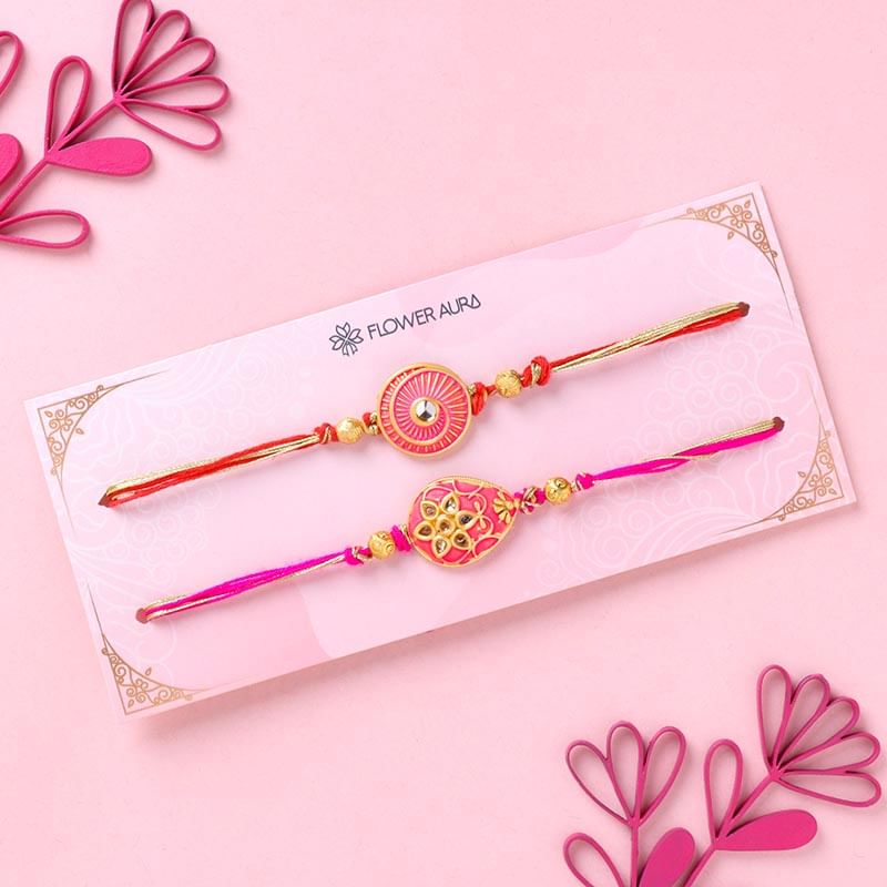 Pretty Pink Meenakari Rakhi Set for Bhaiya Bhabhi