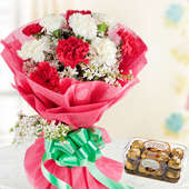 RednWhite Chocolates - A gift pack of 10 red and white carnations and 16 ferrero rocher