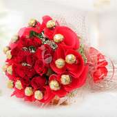 Rosy Rocher Bouquet - Combo of 16 Yummy Ferrero Rocher Chocolates and 10 Fresh Red Roses