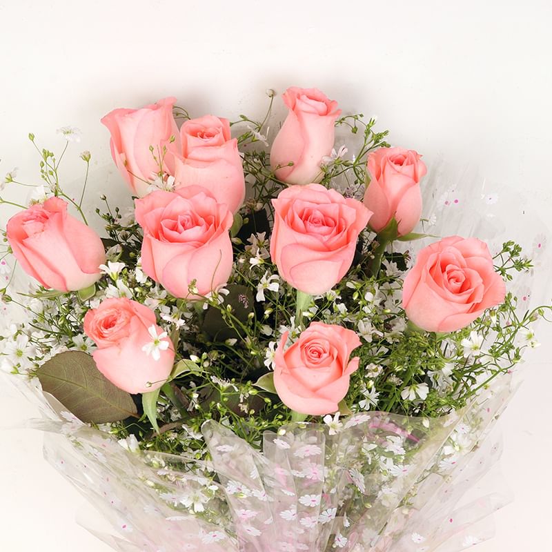 Bunch of Ten Pink Roses with Zoomed in View