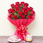 Revered Tokens - Diwali Gift Pack of God Idol and Sweets with 20 Red Roses Bunch