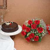 Bunch of 10 Red Roses with Chocolate Truffle Cake