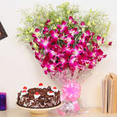 Orchids Special Combo - Bunch of 6 Purple Orchids and half kg Blackforest Cake
