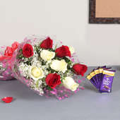 Love Perfections - Combo of 5 white and 5 red roses bunch with 5 dairy milk chocolates