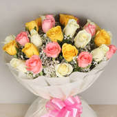 Combination of 30 mixed colored long stemmed roses with Zoomed View