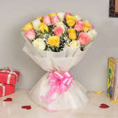Combination of 30 mixed colored long stemmed roses