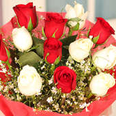 12 red and white roses bunch in zoomed view