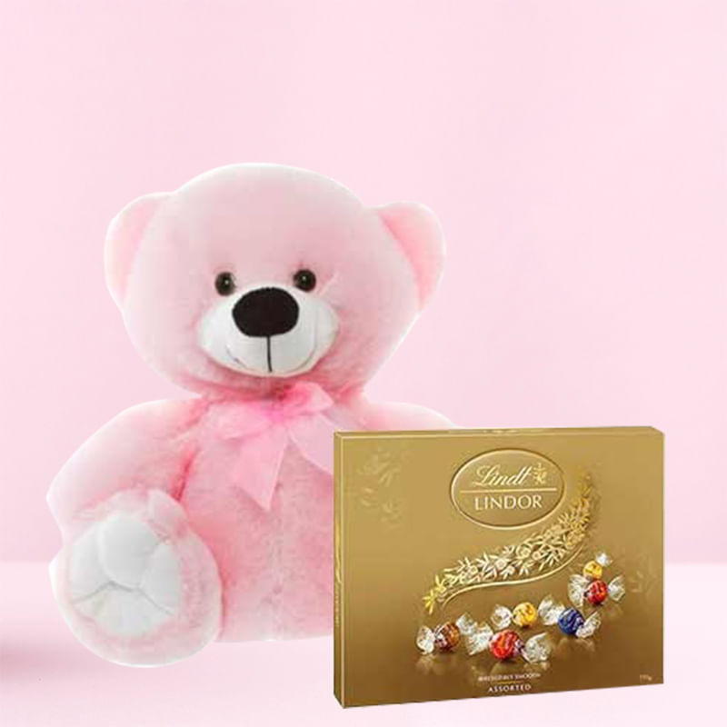 Cuddly Pink Bear With Luxurious Lindt Chocolates