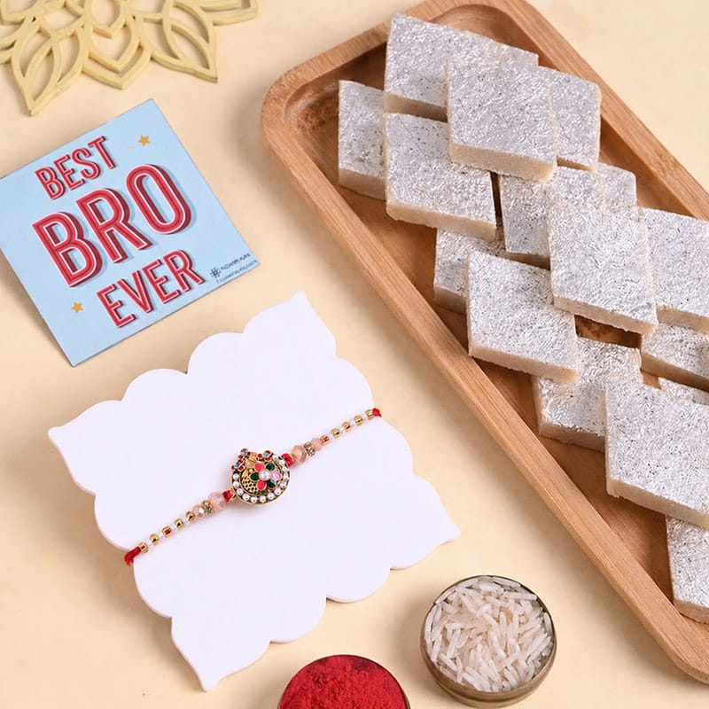  Colourful Floral Rakhi With Kaju Katli