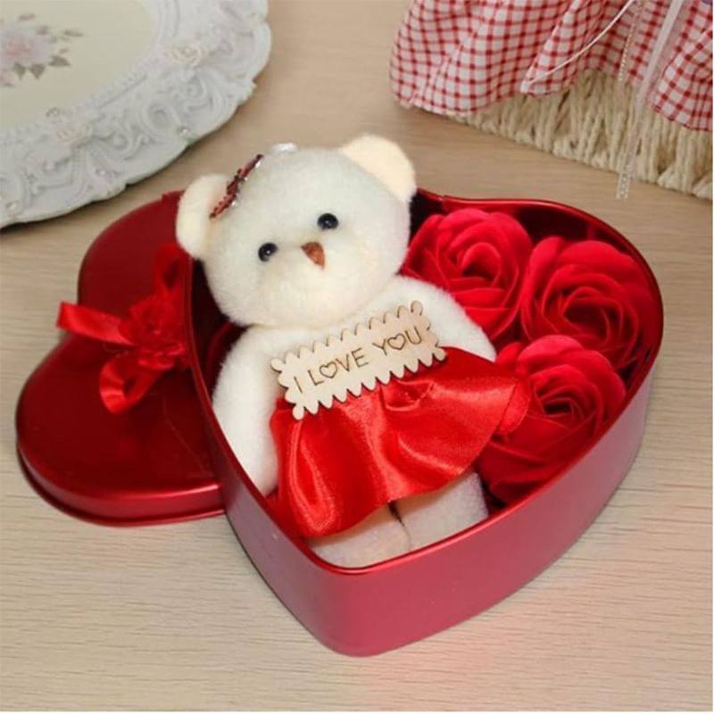 Romantic Heart Tin with Teddy N Roses