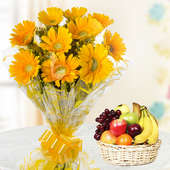 Thank You Papa - A gift hamper of 10 Yellow Gerberas and 2 Kg fresh seasonal fruits in a basket