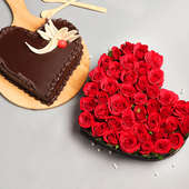 Ultimate Fantasy - Combo of 35 heart shaped roses bouquet and a 1 k.g. chocolate cake