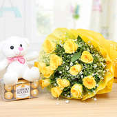 Cuddly Choco Combo of 12 Yellow Roses bunch with 16 Pcs of Ferrero Rocher and a 6 inches teddy