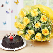 Choco Yellow Rosey Delight - 12 yellow roses bouquet with a half kg chocolate cake