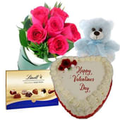 Vanilla Heart Cake with Pink Roses N Teddy