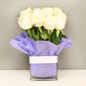 Send White Roses Online in Glass Vase
