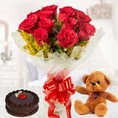 Treasure Love combo:Bunch of 12 Red Roses, chocolate cake and 6 inch Teddy