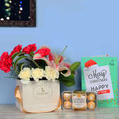 Carnations in Flower Box with Chocolates & Christmas Card