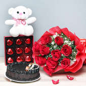 Half Kg Chocolate Cake White Teddy Nine Heart Shaped Chocolates Ten Red Roses Bunch