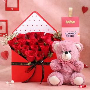 Mauve Teddy Bear 6 Inch with 17 Red Rose and Almond