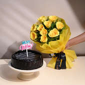 Truffle Chocolate Cake And Bouquet of Yellow Roses 