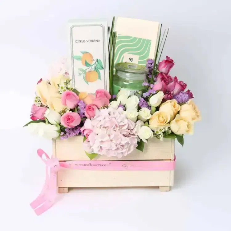 Coloufrul Blossoms With Gourmet Treats N Candle