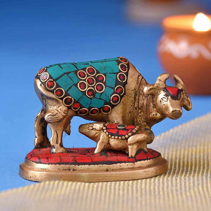 Adorable Cow N Calf Brass Idol