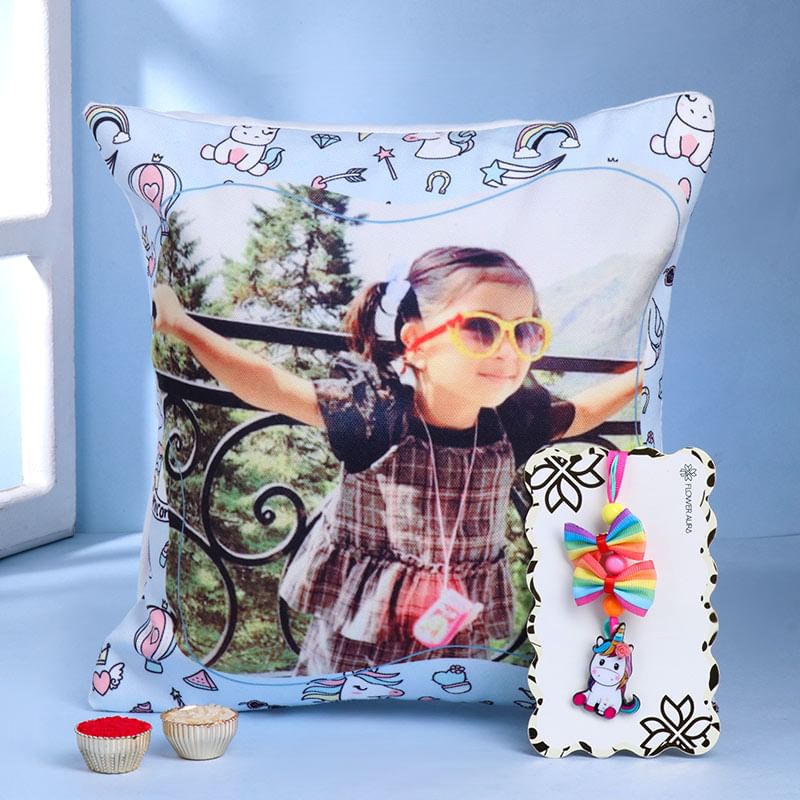 Adorable Unicorn Hairclip Rakhi With Personalised Cushion