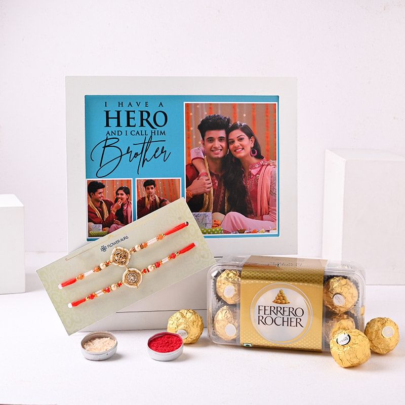 Adorned Rakhi Duo With Photo Frame N Rocher Choco
